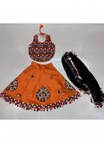 Art Silk Orange Navratri Wear Kutchi Work Readymade Kids Lehenga Choli